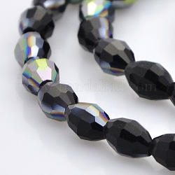 Half Rainbow Plated Glass Faceted Rice Beads Strands, Black, 6x4mm, Hole: 1mm, about 72pcs/strand, 16 inch