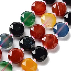 Chapelets de perles d'agate naturelle, avec des perles de rocaille, coupe hexagonale facettée, plat rond, teints et chauffée, couleur mixte, 12~12.5x5~6mm, Trou: 1.2~1.4mm, Environ 27~29 pcs/chapelet, 15.55~15.75 pouce (39.5~40 cm)