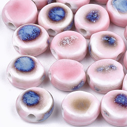 Perles en porcelaine manuelles, fantaisie porcelaine émaillée antique, plat rond, rose, 10~11x10.5~11x5~5.5mm, Trou: 1.5~2mm