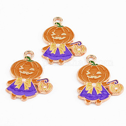 Light Gold Tone Alloy Enamel Pendants, Cadmium Free & Lead Free, Halloween, Pumpkin Jack-O'-Lantern, Dark Orange, 25x19x1.2mm, Hole: 1.5mm