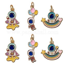 6Pcs 3 Style Eco-Friendly Brass Enamel Pendant, with Jump Rings, Long-Lasting Plated, Real 18K Gold Plated, Astronauts, Mixed Color, 16~24x10~17.5x1.5~2mm, Hole: 3.4mm, 2pcs/style