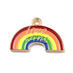 Emaille-Anhänger in Regenbogenfarben, Regenbogen mit Wort Liebe gewinnt, Licht Gold, Farbig, 14x20x1.5 mm, Bohrung: 1.6 mm