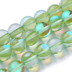 Pietre moon sintetiche perline fili, tinto, perle olografiche, metà di colore ab placcato, tondo, verde chiaro, 6mm, Foro: 1 mm, circa 64pcs/filo, 15 pollice