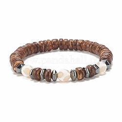 Mala Perlen Armband, Stretch-Armband aus natürlicher Kokosnuss, tibetischem Achat und synthetischem Hämatit, tibetischer Dzi-Perlenschmuck für Frauen, Kokosnuss braun, Innendurchmesser: 2-1/8 Zoll (5.3 cm)