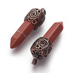 Pendentifs pointus en jaspe rouge naturel, avec les accessoires en laiton, balle, cuivre rouge, 42~46x15~16mm, Trou: 5x7mm