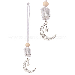 Moon 201 Stainless Steel Pendant Decorations, Wood Beads and Natural Quartz Crystal Nuggets Beads Nylon Thread Hanging Ornament, 165~171mm
