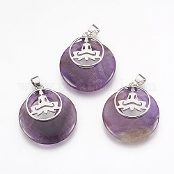 Natural Amethyst Pendants, with Platinum Tone Brass Findings, Flat Round with Buddha, 32x28x7mm, Hole: 4x5mm