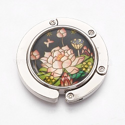 Zinc Alloy Bag Hanger Purse Hooks, with Shell Cabochons and Glass, Flat Round with Crane, Platinum, Colorful, 44x9mm