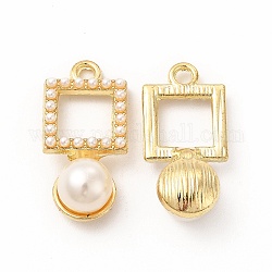 ABS Plastic Imitation Pearl Pendants, with Alloy Findings, Square Charm, Golden, 25x12x8.5mm, Hole: 2mm