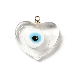 Handmade Lampwork Pendants, with Real 18K Gold Plated Plated Brass Finding, Cadmium Free & Lead Free, Heart with Evil Eye, Clear, 19.5x18.2x5mm, Hole: 1.4mm