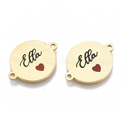201 Edelstahl-Emaille-Verbindungsstecker, zum Valentinstag, flach rund mit Herz und Wort, rot, golden, 16x21x1 mm, Bohrung: 1.4 mm