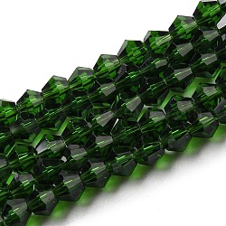 Fili di perline do vetro trasparente, sfaccettato, bicono, verde scuro, 4x4mm, Foro: 0.8 mm, circa 87~98pcs/filo, 12.76~14.61 pollice (32.4~37.1 cm)