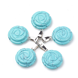 Synthetic Turquoise Pendants, with Stainless Steel Snap On Bails, Flower, Dyed, 23x20x6~7mm, Hole: 7x4mm