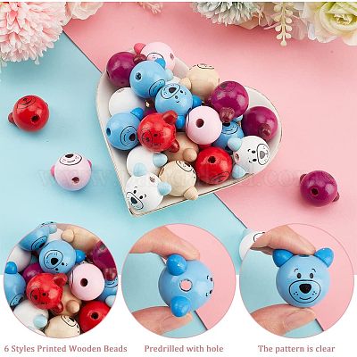 72個 6種類のプリント天然木製ビーズ クマの頭 染め ミックス