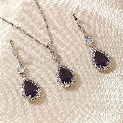 Комплекты из латунных подвесок и серег с микропаве из прозрачных кубических цирконий и стекла в форме капли для женщин RT7280-1