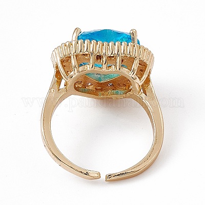 Открытое кольцо-манжета в форме сердца из темного небесно-голубого стекла с кубическим цирконием RJEW-J017-VC501-1