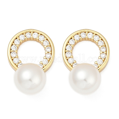 Плоские круглые серьги-гвоздики из латуни с микропаве и прозрачным фианитом EJEW-H154-02G-1