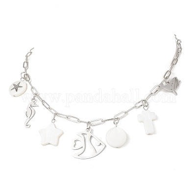 Цепочка-скрепка из латуни с подвеской из сплава и натуральной белой ракушки для женщин NJEW-JN05406-01-1