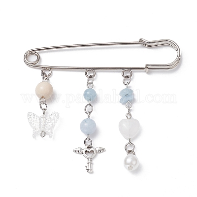 Wholesale Natural Mixed Gemstone & Butterfly Charms Safety Pin Brooch 