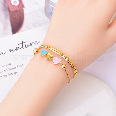 Браслеты из двухрядной цепочки из нержавеющей стали с эмалированным сердцем WGF01DB-02-1