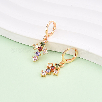 Серьги-подвески с застежкой-молнией крест-накрест из латуни с микропаве из кубических цирконий EJEW-N058-17B-G-1