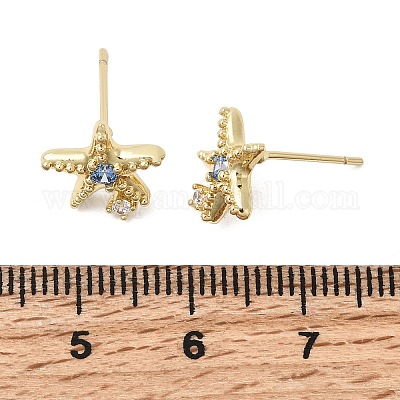 Серьги-гвоздики из латуни с микропаве из кубических цирконий в форме морских звезд EJEW-Z153-02G-1