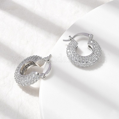 Латунные плоские круглые серьги-кольца с микропаве из прозрачных кубических цирконий EJEW-K318-04B-P-1