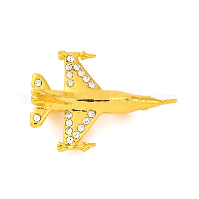 亜鉛合金クリスタルラインストーンブローチ 飛行機 ゴールドカラー