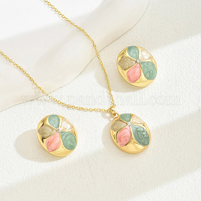 Овальные с цветочным узором латунные эмалевые подвески и комплекты серег-гвоздиков FS-WGB45B2-01-1