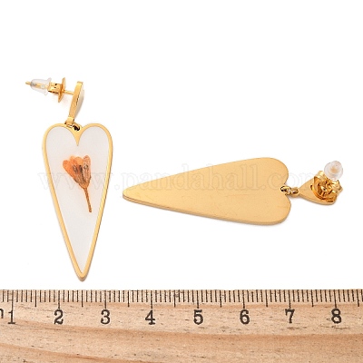 Висячие серьги-гвоздики из нержавеющей стали в форме сердца с цветочным узором EJEW-D303-02G-1