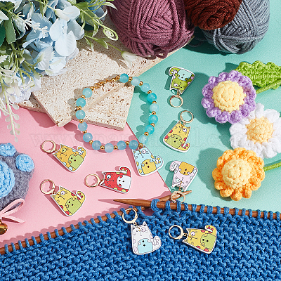 Деревянные подвесные маркеры петель с принтом кота HJEW-AB00320-1