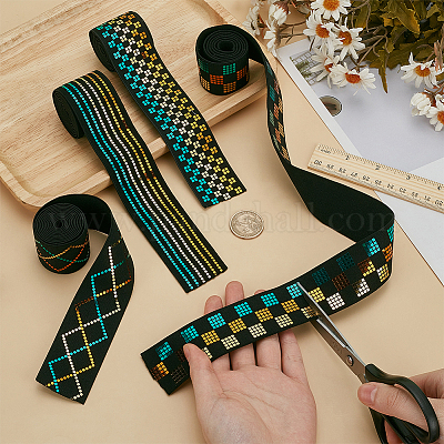 4 ярд 4-х видов плоского полиэстерового эластичного шнура с лазерными тартановыми/полосатыми/ромбовидными пайетками OCOR-FG0002-81-1