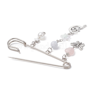 PandaHall Natural & Synthetic Mixed Gemstone Heart & Butterfly & Tree Charms Safety Pin Brooch, Alloy Lapel Pin for Sweater Clasp Pants