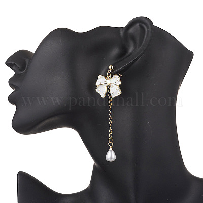 Серьги-гвоздики с подвесками и бантом из сплава эмали EJEW-JE06645-04-1