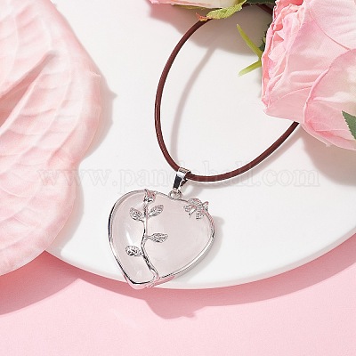 Collier Cuir Avec Pendentif Cœur En Quartz Rose Naturel - Longueur 41-45 Cm - Neuf Sans Emballage
