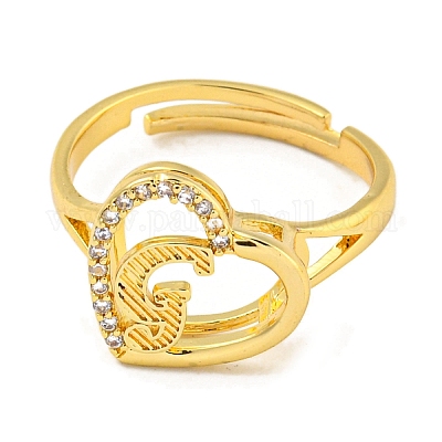 Сердце с буквой стойка покрытие латунь микро паве кубический цирконий регулируемые кольца для женщин RJEW-I105-06G-G-1