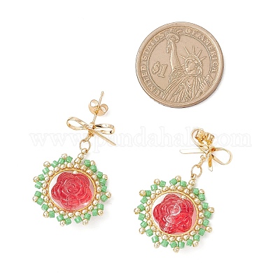 Серьги-гвоздики с подвесками из цветочного стекла EJEW-MZ00522-1