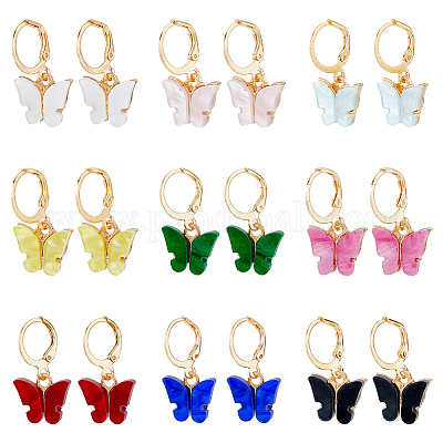9 пара двухцветных акриловых сережек-бабочек с застежкой-русалкой EJEW-FI0001-97-1