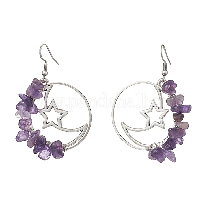 Серьги-подвески из сплава натурального аметиста в форме луны со звездой EJEW-JE06804-01-1