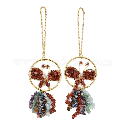 Подвесные украшения в виде бабочки из латуни и смешанного натурального камня HJEW-Z007-04G-1