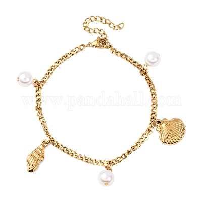 Браслеты с подвесками в форме раковин и ракушек из нержавеющей стали 304 BJEW-F519-02A-G-1