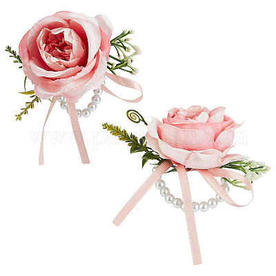 Girl Bridesmaid Wrist Corsage Bridal Silk Wrist Flower Faux Pearl Bracelet  Wrist Strap Flower Ornament (pink, 1 Pack)