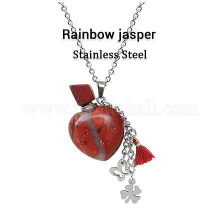 Collier pendentif bouteille de parfum en forme de larme de jaspe rouge naturel avec fleur de papillon en acier inoxydable et breloques de gland de couleur aléatoire BOTT-PW0002-069G-1