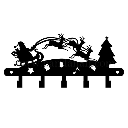 鉄の壁に取り付けられたフックハンガー  5つのフックが付いている装飾的なオーガナイザーラック  バッグ服用キースカーフハンギングホルダー  サンタクロースとエルクのクリスマストナカイ/クワガタ  ブラック  15x33cm HJEW-WH0018-007-1