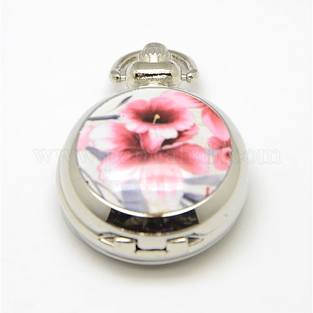 Openable Flat Round Alloy Flower Printed Porcelain Quartz Watch Heads for Pocket Watch Necklaces Making WACH-M116-05-1