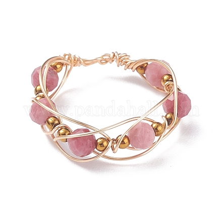 Round Natural Rhodochrosite Braided Bead Finger Ring with Glass RJEW-JR00450-04-1