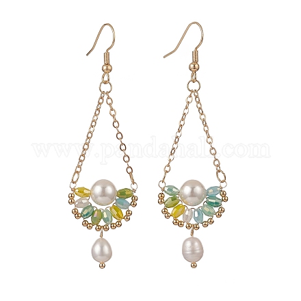Pendientes colgantes de perlas naturales y lágrima de vidrio con flor EJEW-TA00222-02-1