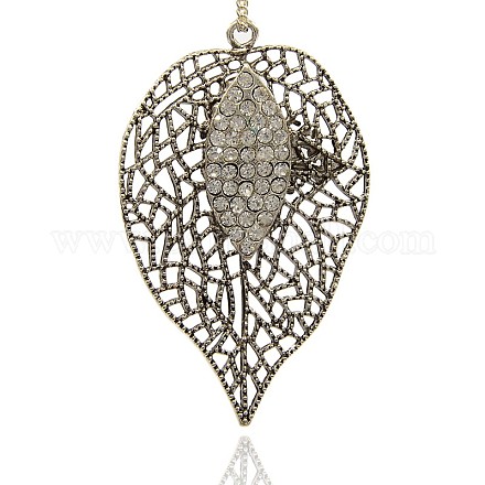 Antique Silver Alloy Crystal Rhinestone Leaf Necklace Big Pendants ALRI-J045-01AS-1