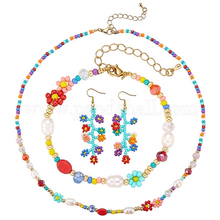 Collier et bracelet de perles naturelles et de graines de verre et boucles d'oreilles pendantes SJEW-SW00008-1
