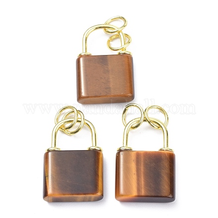 天然石タイガーアイペンダント  金色の真鍮のパーツと丸カン  カドミウムフリー＆鉛フリー  ロック  27x18x5.5mm  穴：6mm G-P453-01G-G-RS-1